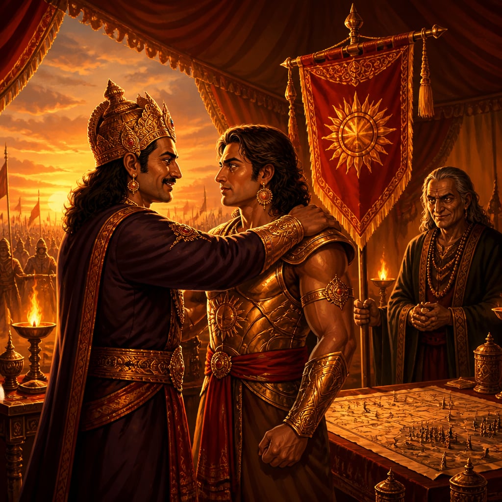 Duryodhana embraces Karna across the shoulders inside the torchlit Kaurava command tent at dawn as the senapati banner rises beside them.