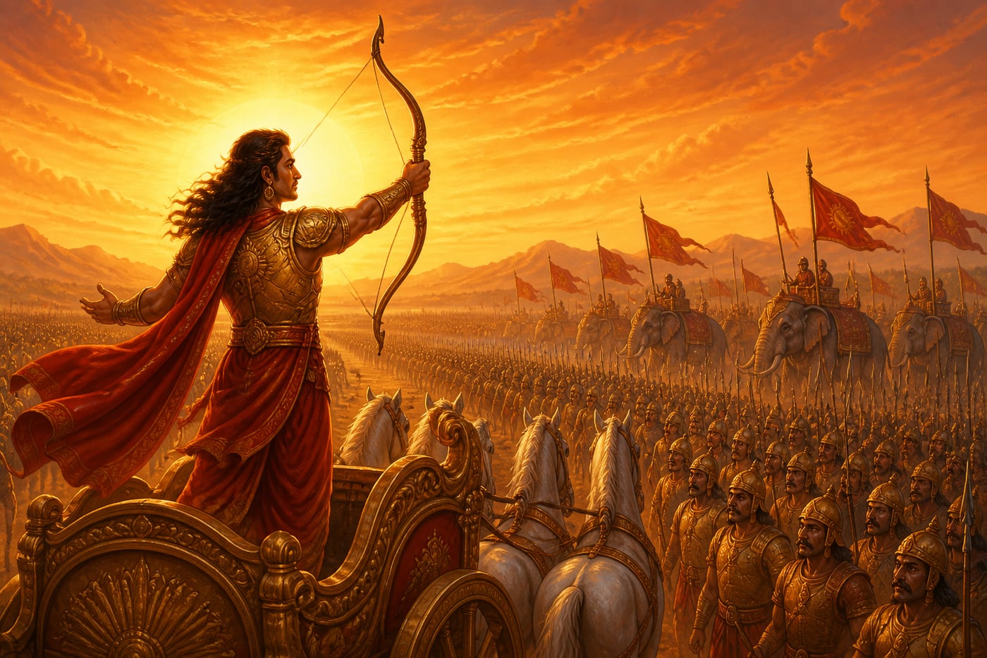 Karna addressing the Kaurava army at sunrise