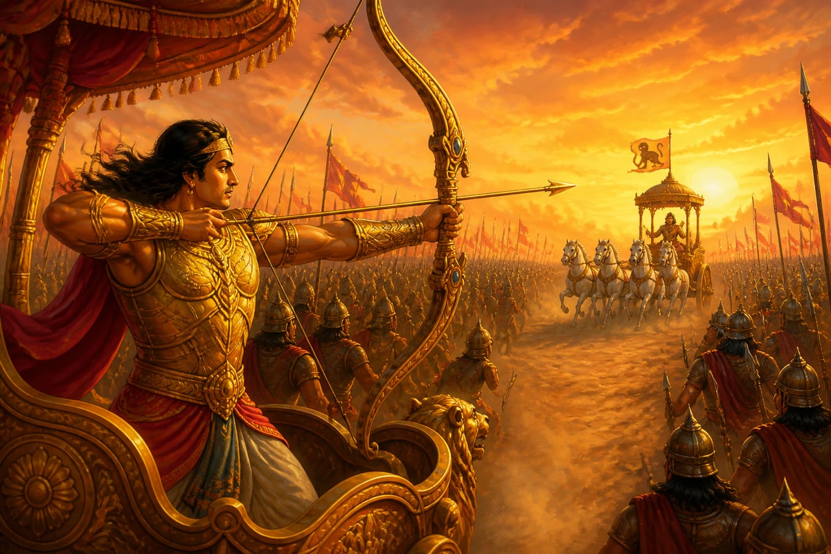 Karna advancing through the Kaurava lines toward Arjuna