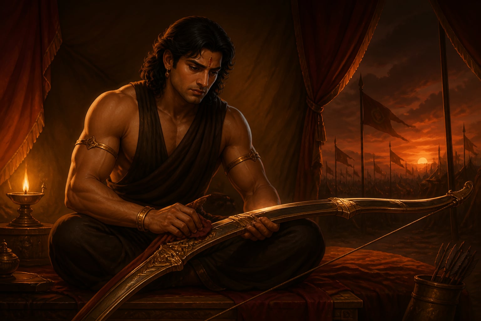 Karna alone at night cleaning the Vijaya bow