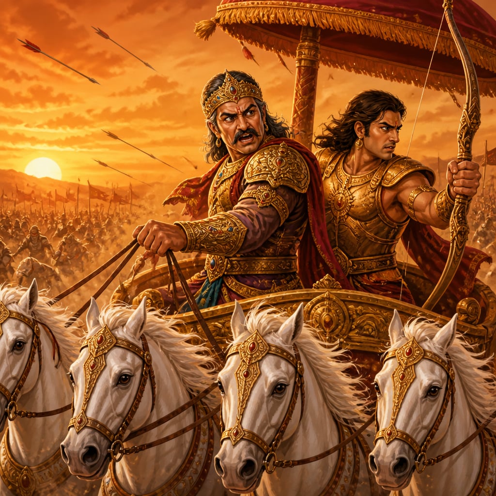 Shalya turns over his shoulder from the chariot's front to deliver a poisoned word to Karna mid-battle on Kurukshetra.