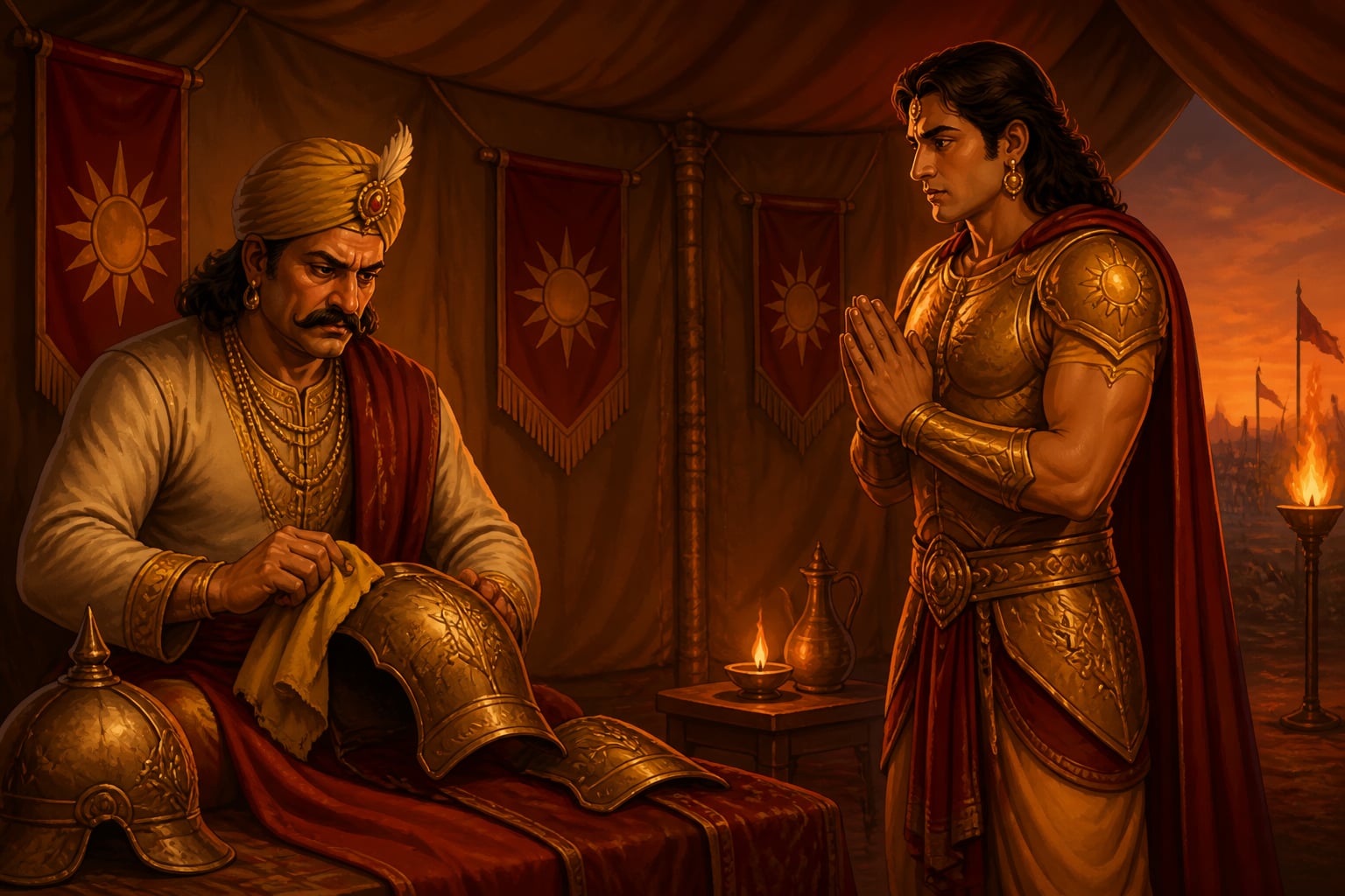Karna meeting Shalya in his tent before battle
