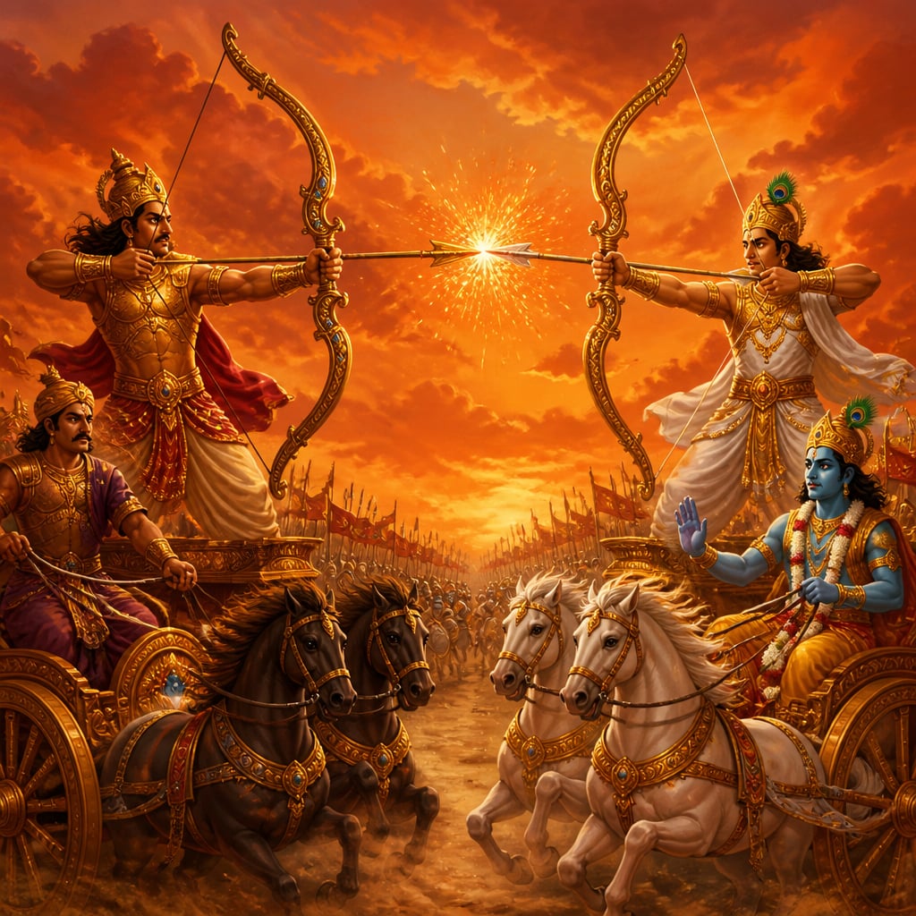 Karna and Arjuna face each other across their chariots on Kurukshetra at midday as their opposing arrows collide in showering sparks between them.