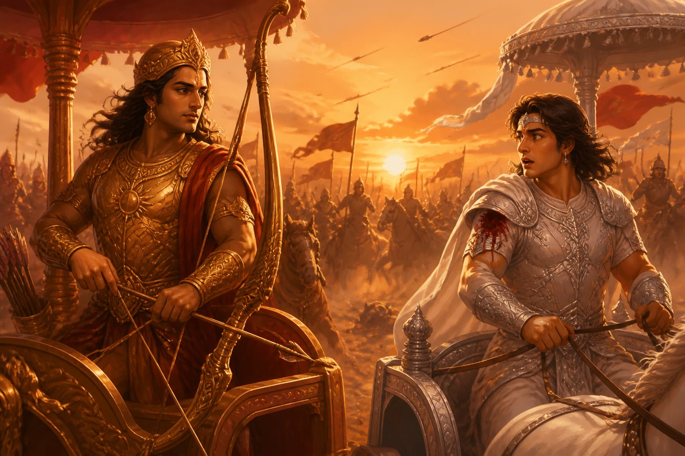 Karna sparing Nakula in their fleeting chariot meeting