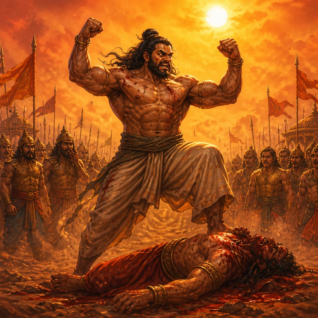 Bhima stands over Duhshasana's torn body on Kurukshetra and raises his cupped blood-soaked hands to his lips, fulfilling his Sabha vow.