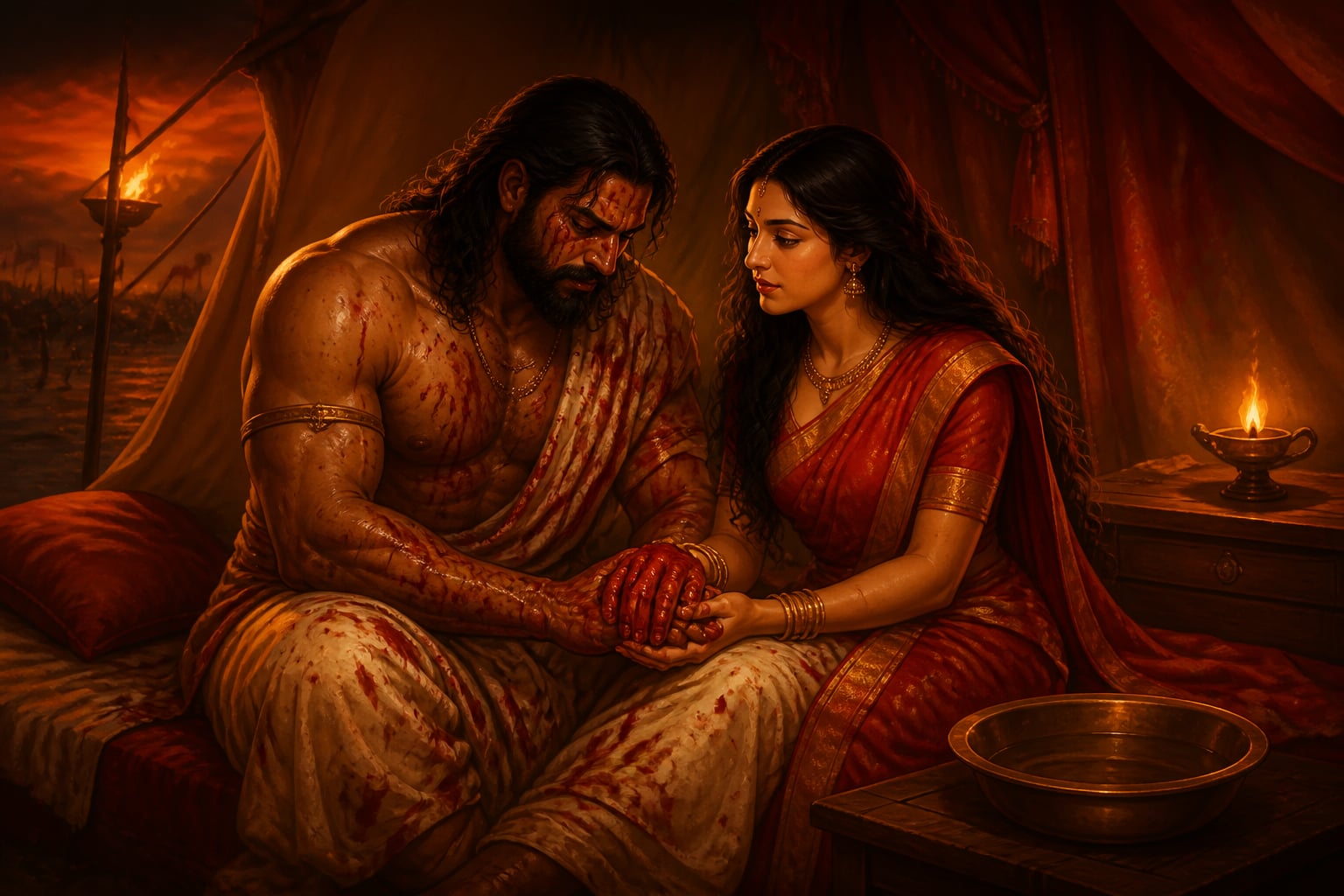 Draupadi sitting with Bhima at midnight after the vow