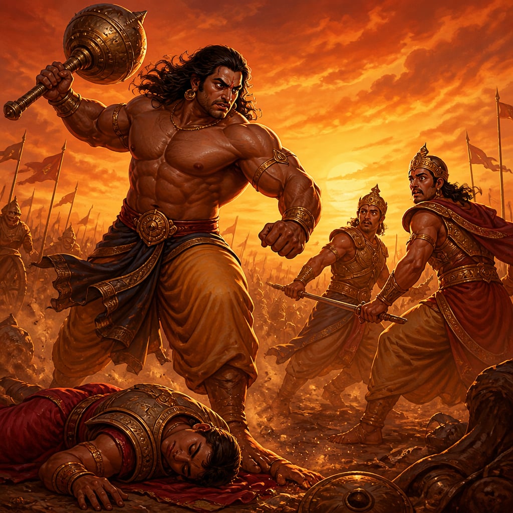 Bhima strides across Kurukshetra in late afternoon with his iron mace raised, mechanically hunting Duryodhana's brothers one by one.