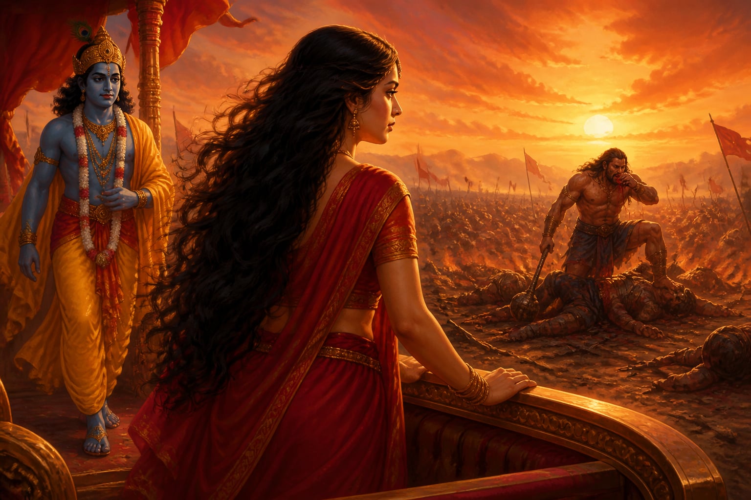 Draupadi watching the battlefield from her chariot