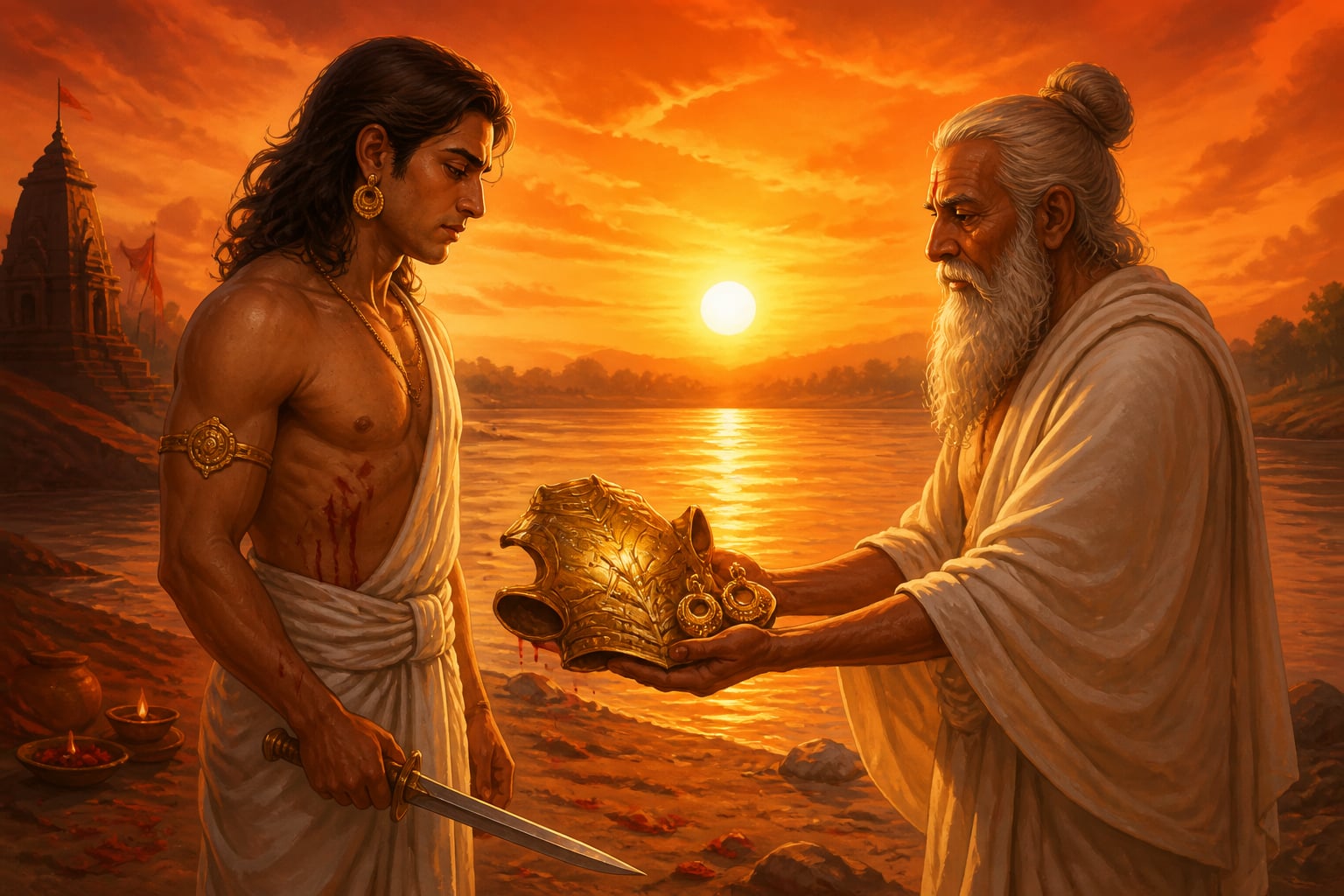 Indra disguised as Brahmin receiving Karna's divine armour