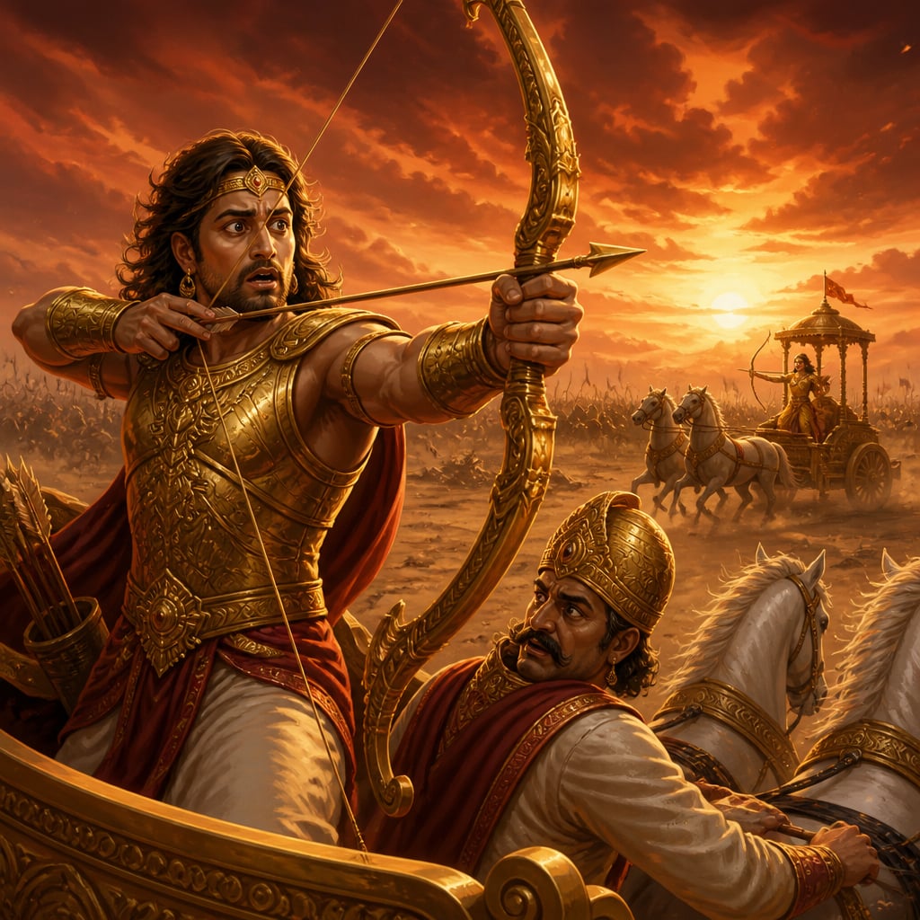 Karna stands in his chariot with the Vijaya bow drawn, mouth open in dawning horror as the sacred Brahmastra mantra fades from his memory.