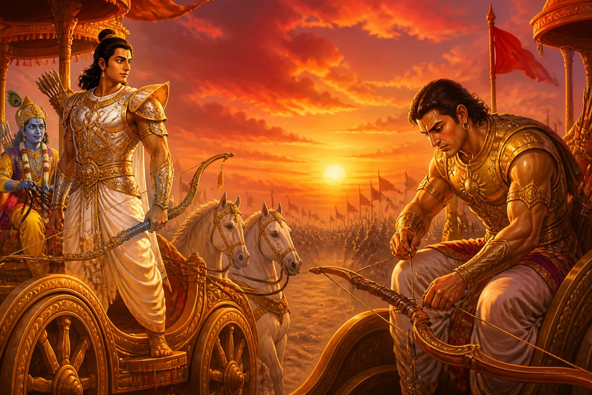 Arjuna lowering his bow to let Karna restring