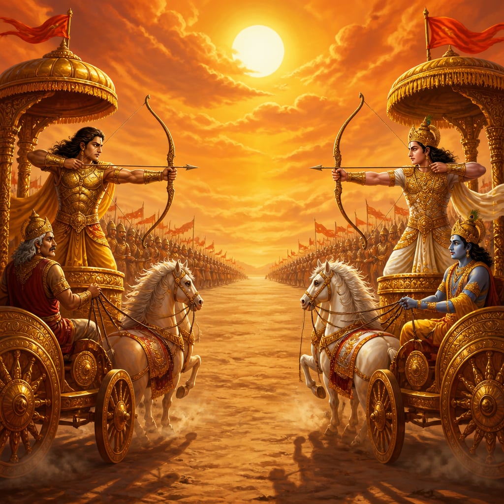 Karna and Arjuna face each other across the dust-cleared Kurukshetra battlefield with their armies fallen back to watch in hushed reverence.