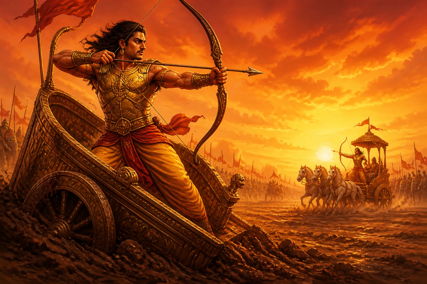 Karna firing from his tilted chariot in his final stand