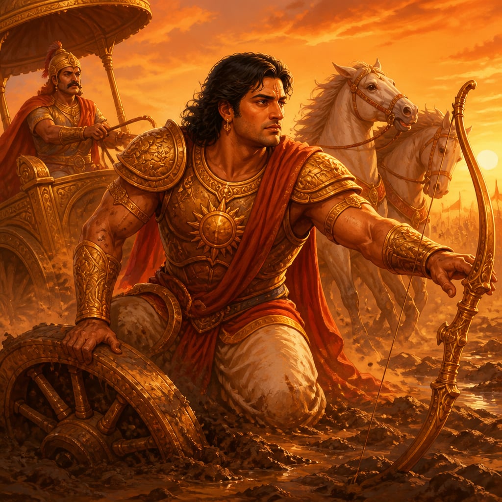 Karna rises from a kneeling position beside his sunken chariot wheel on Kurukshetra, reaching for the Vijaya bow with grim acceptance on his face.