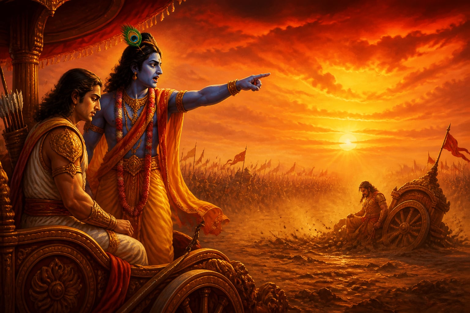 Krishna rebuking Karna across the battlefield