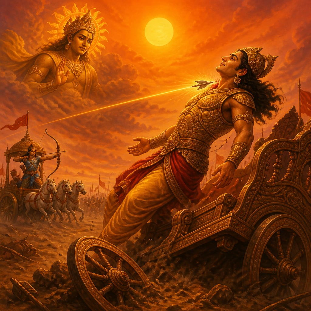 The crescent-headed Anjalika arrow strikes Karna mid-stand in his tilted chariot on Kurukshetra as the sun above dims into a soft orange disc.