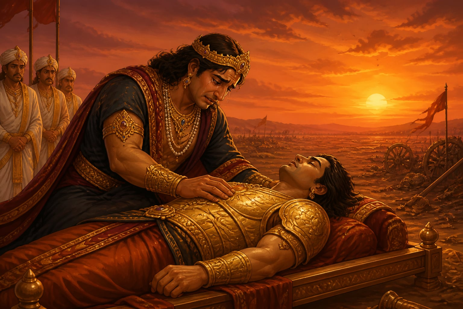 Duryodhana grieving over Karna's body at dusk