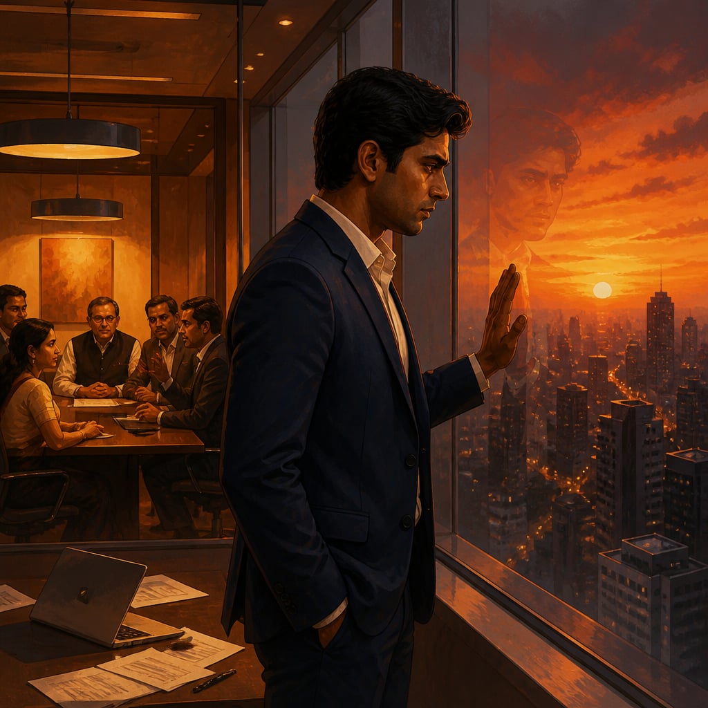 A modern Indian executive in a navy suit stands at a glass-walled corporate office window at dusk, caught between the lit boardroom behind him and the city skyline outside.