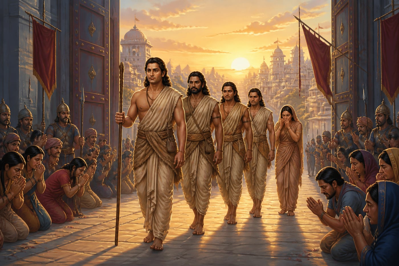The Pandavas depart Hastinapura in bark garments as citizens weep