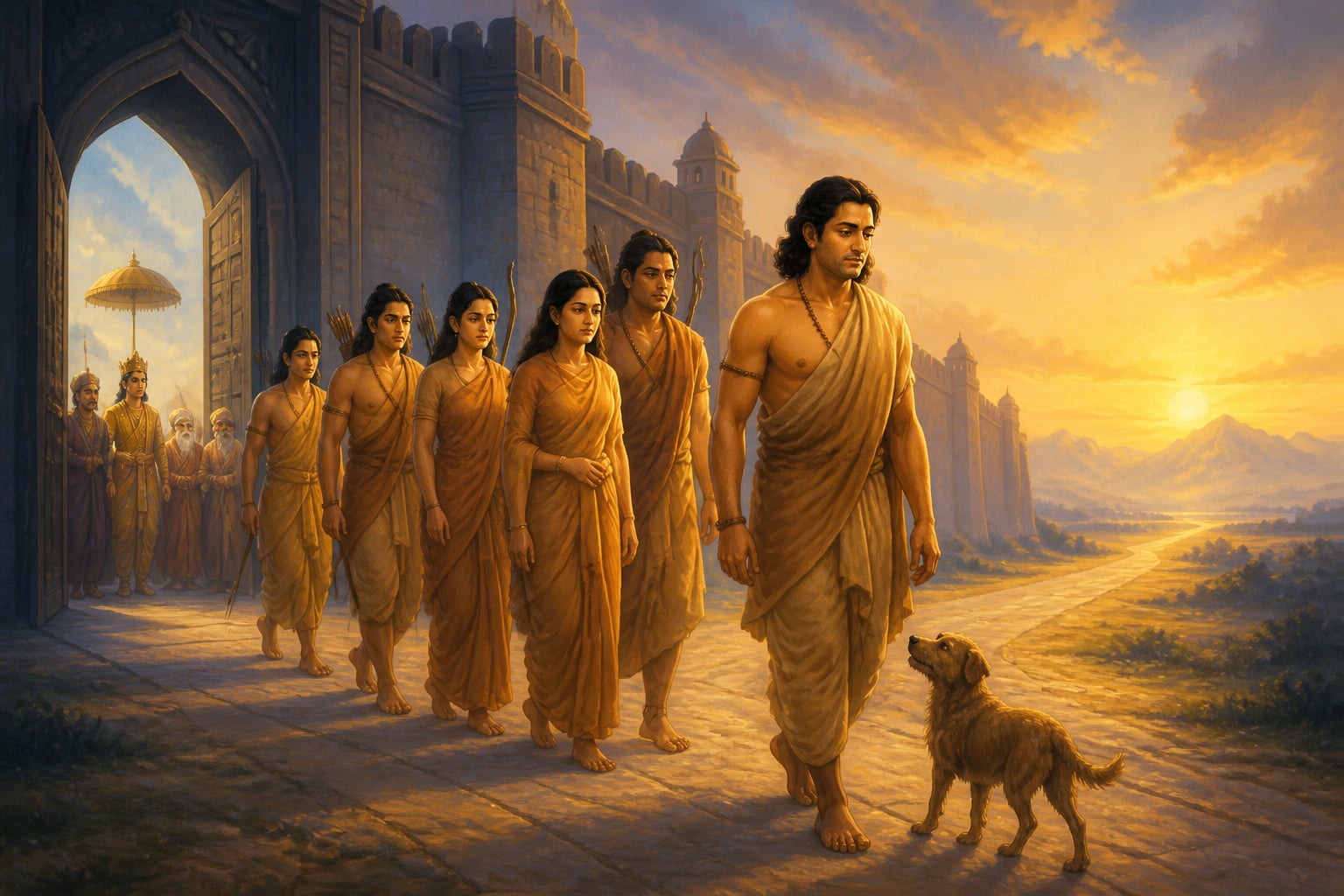 A faithful dog appears alongside the pilgrims at the city gates