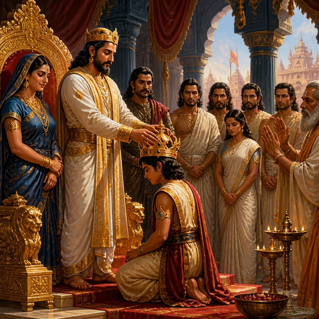 Yudhishthira places the Kuru crown on the young prince Parikshit at the throne of Hastinapura.