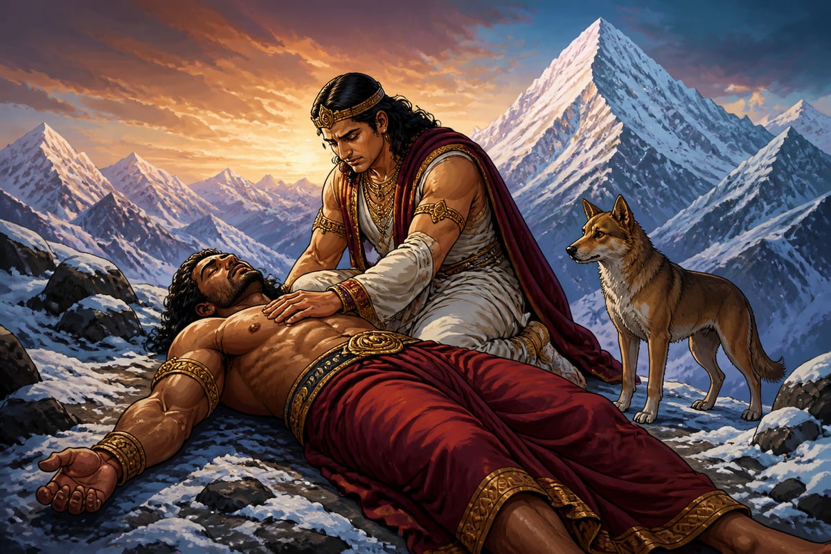 Yudhishthira kneels for the first time beside Bhima fallen on the rocks