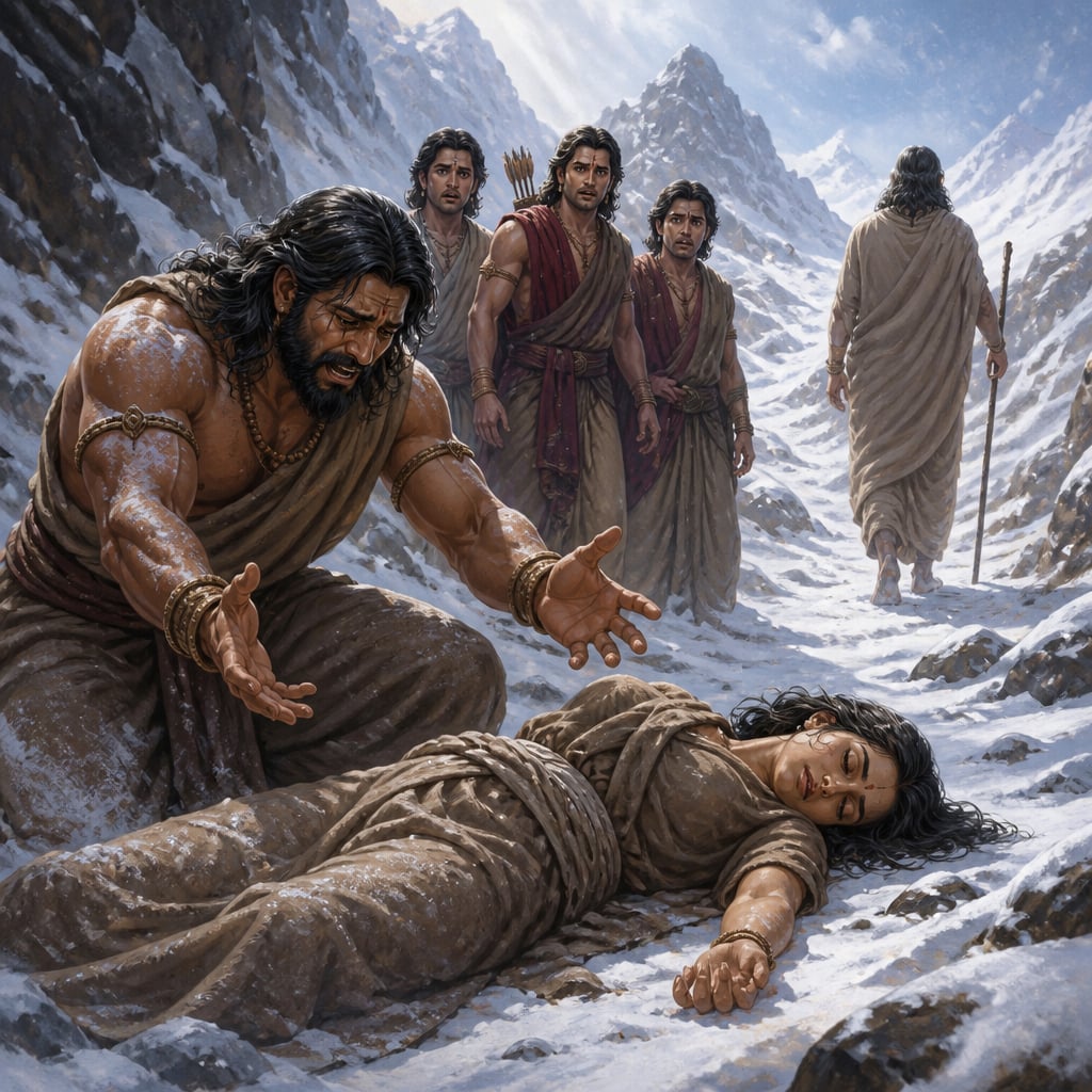 Draupadi lies collapsed on the icy slope as Bhima kneels in grief beside her.