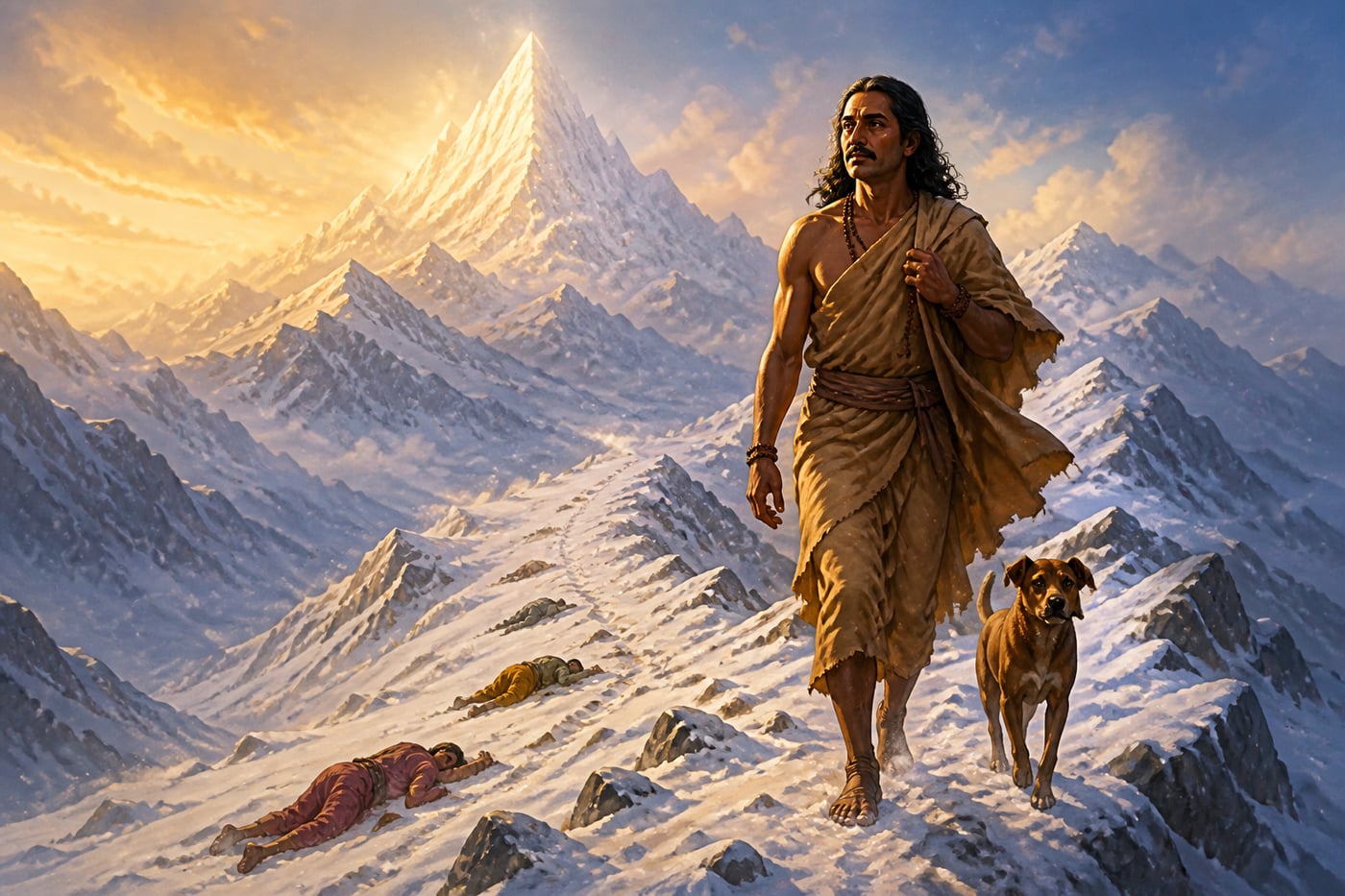 Yudhishthira climbs alone with only the faithful dog at his heels