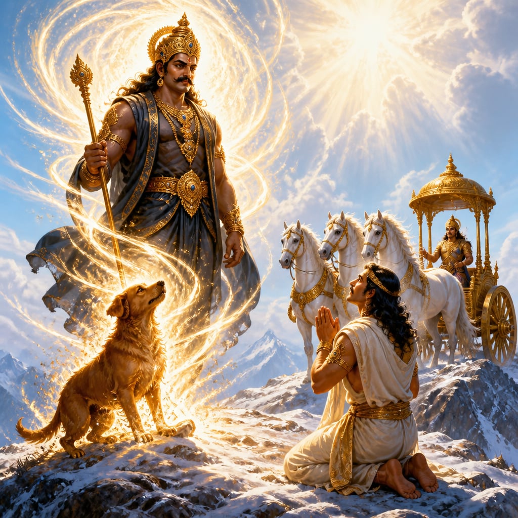 The faithful dog dissolves into the radiant form of Dharma before kneeling Yudhishthira.