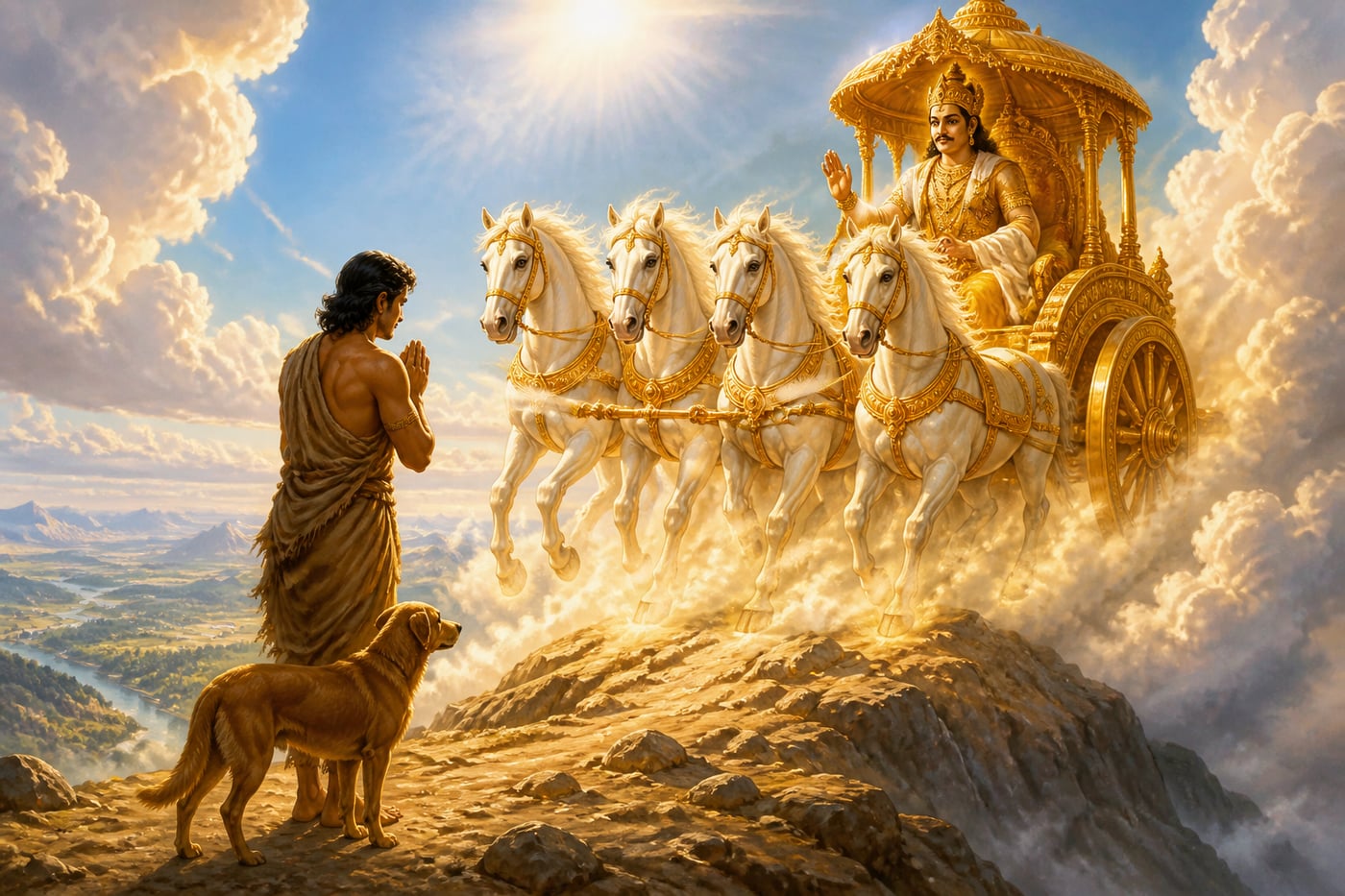 Indra descends in his celestial chariot to receive Yudhishthira at the summit