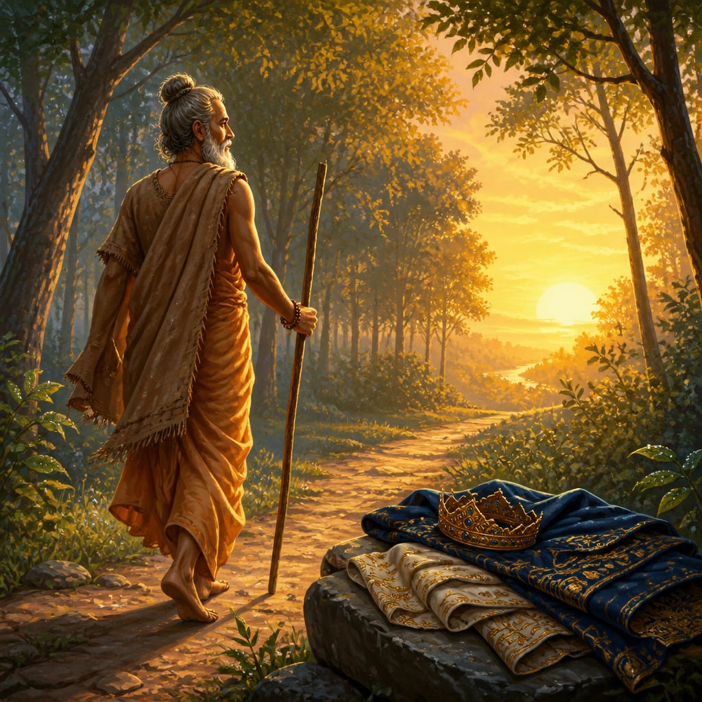 An elder leader in plain robes walks away from a stable kingdom toward open mountains.