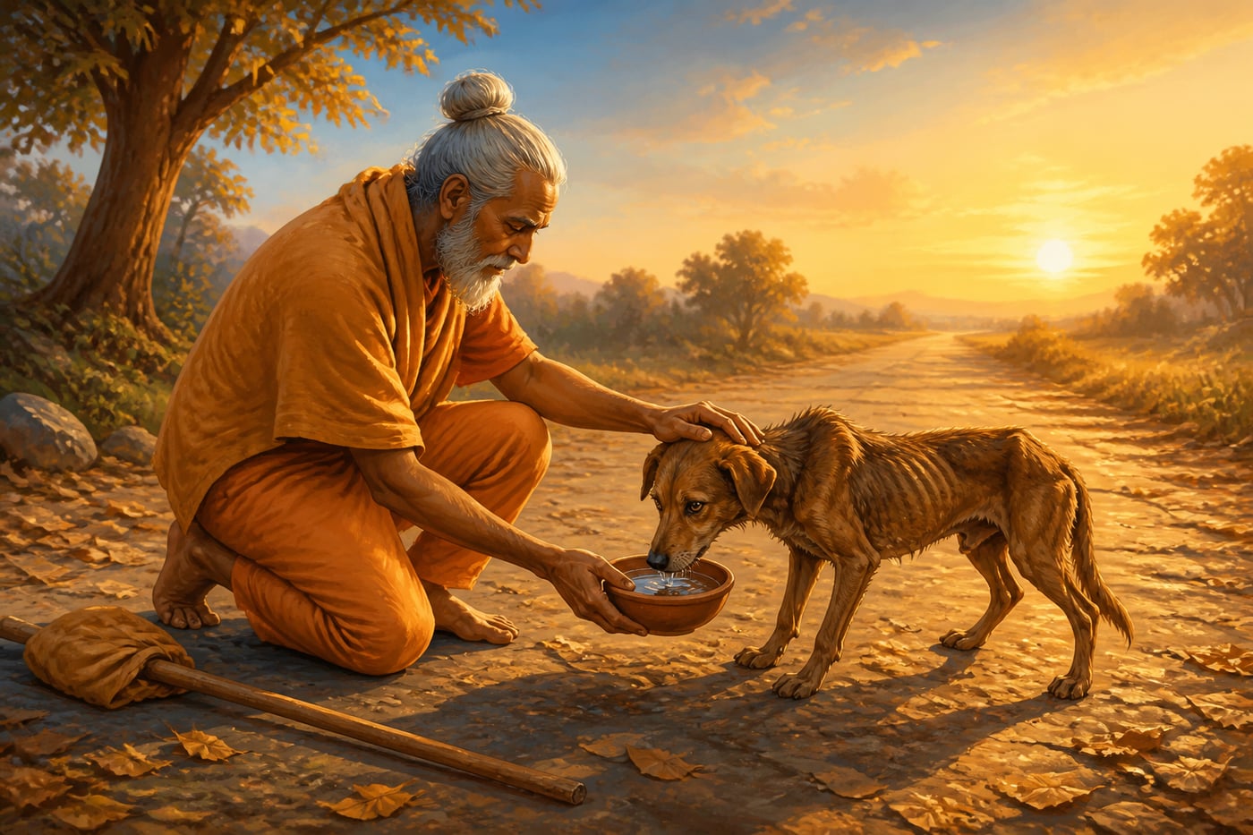 An elder traveler kneels to offer water to a hesitant stray dog
