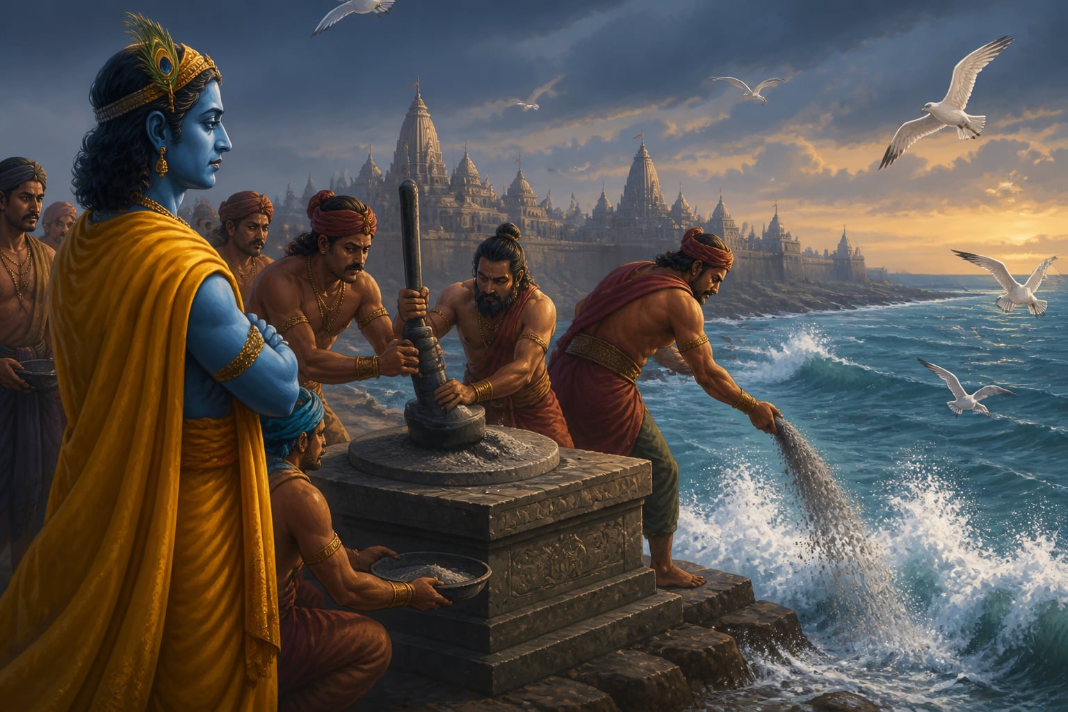 Krishna grinding the cursed iron pestle to powder at the sea