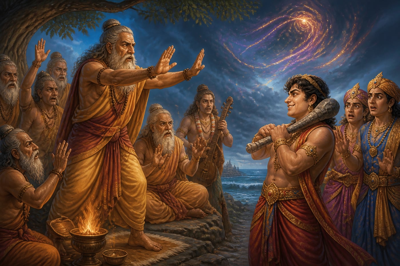 Vishvamitra and the sages pronouncing the curse on the Yadavas