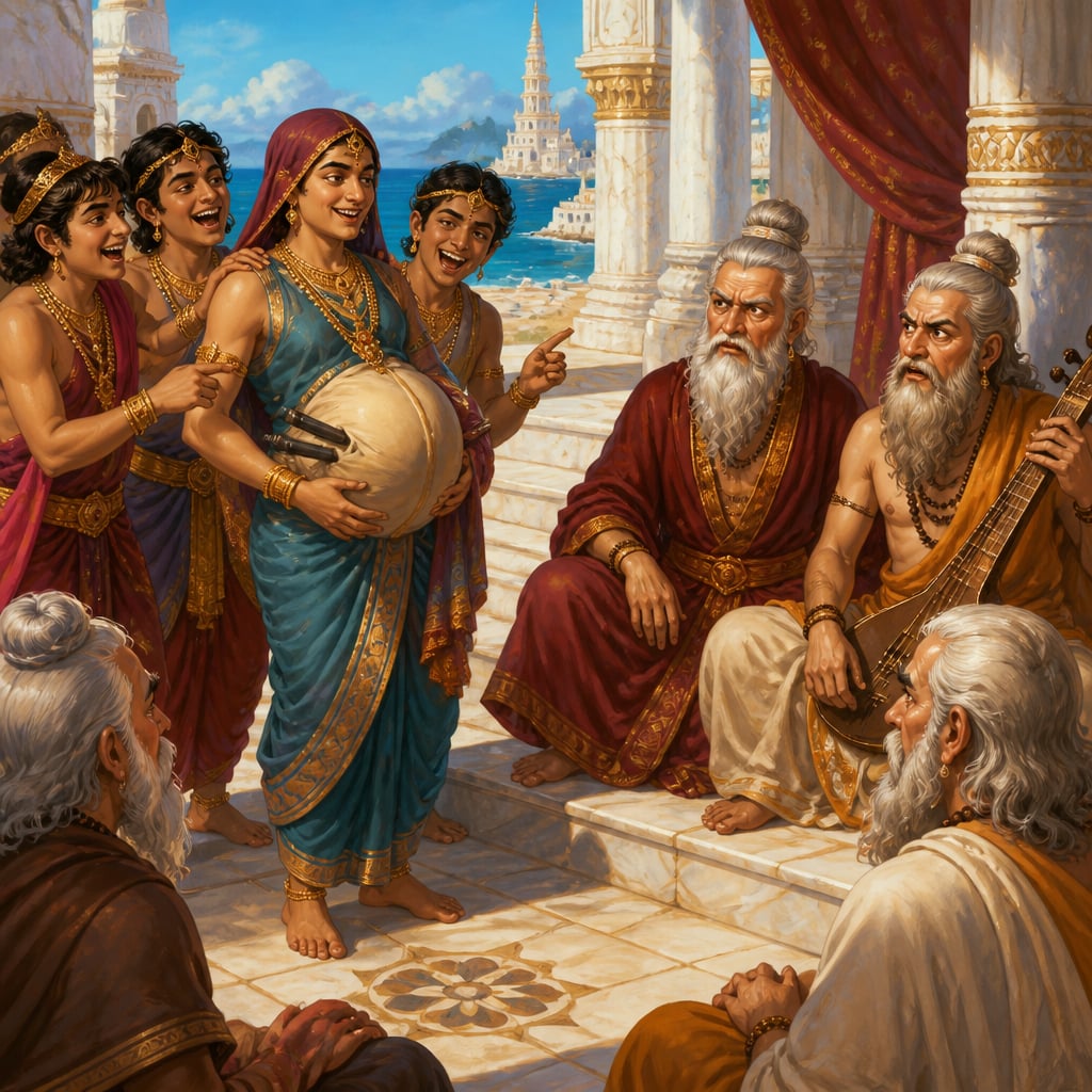 Samba dressed as a pregnant woman is presented by laughing princes to the seated sages in Dwaraka's audience hall.