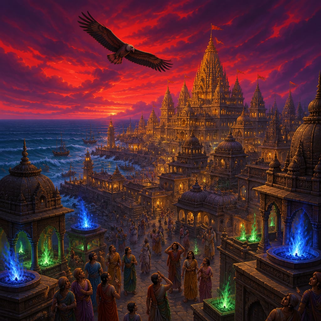 Dwaraka under a crimson sky as omens spread through the temples and harbors.
