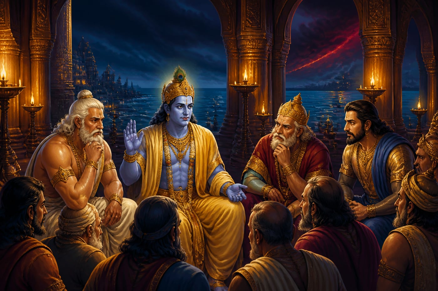 Krishna addressing the Yadava council with the pilgrimage order