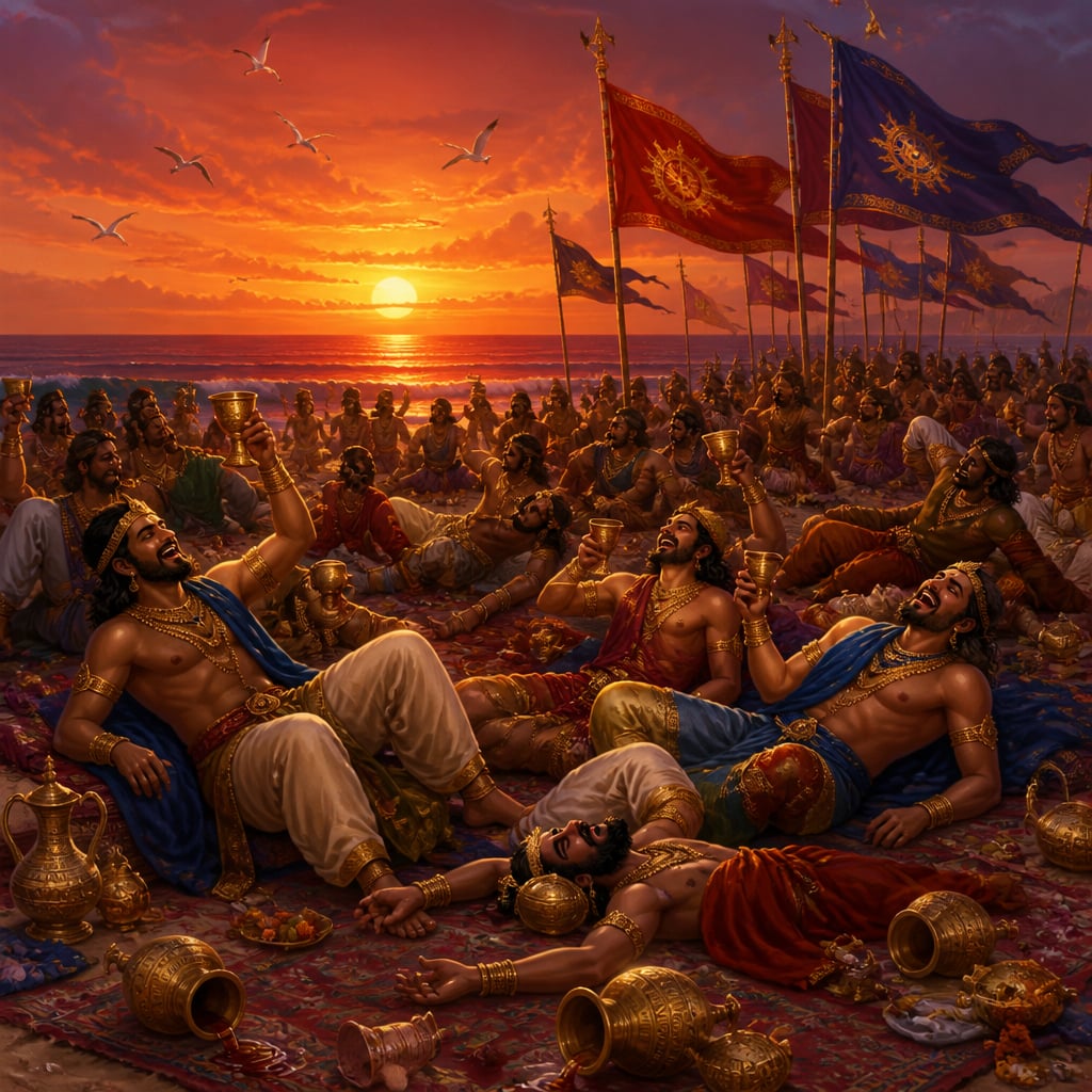 Hundreds of Yadava warriors gathered in drunken feast on the sands of Prabhasa at sunset.