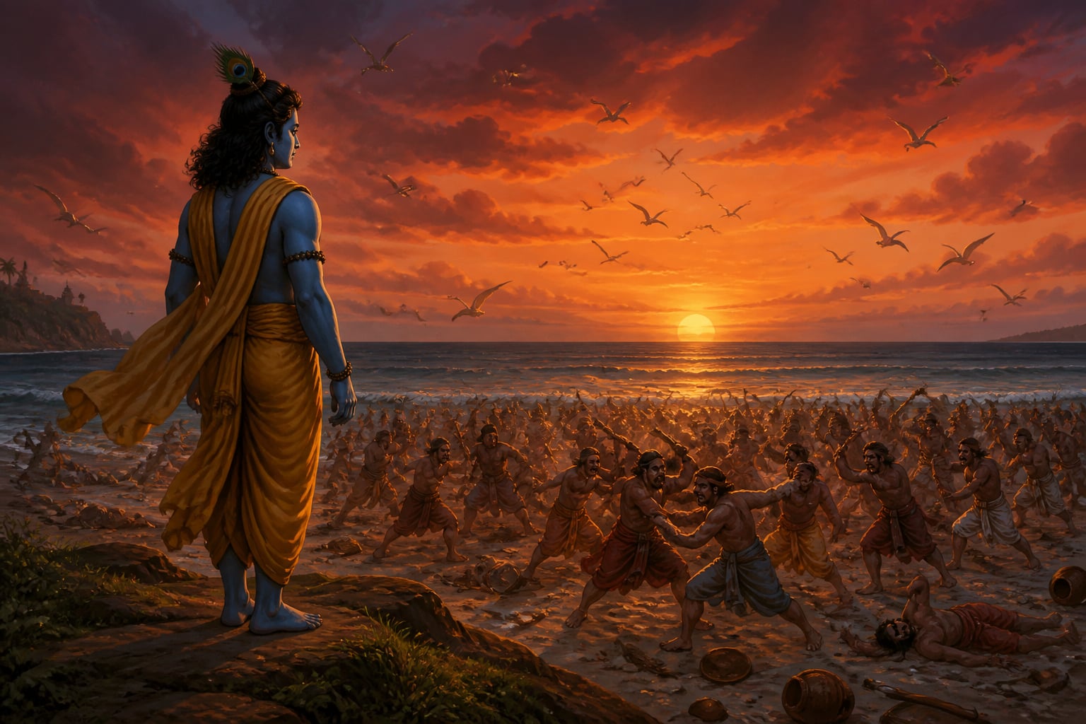 Krishna watching his clan's self-destruction from a quiet rise
