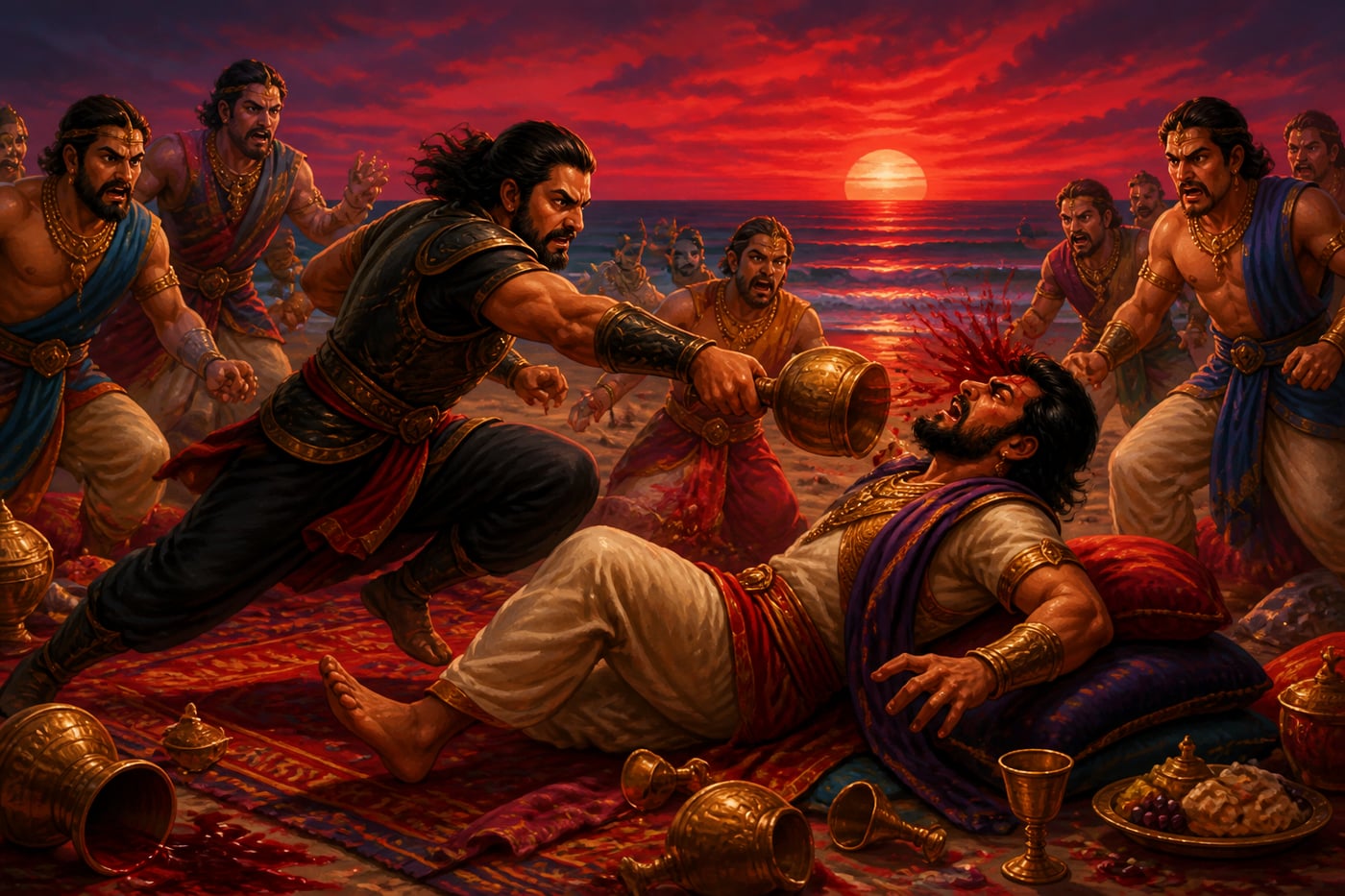 Satyaki striking Kritavarma at the Prabhasa feast
