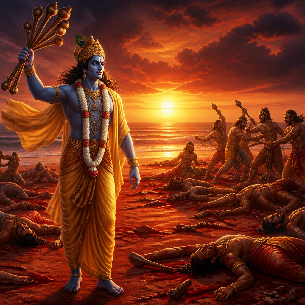 Krishna swings iron-hard eraka grass in grim defence as Yadava attackers fall around him on the bloodied sand.