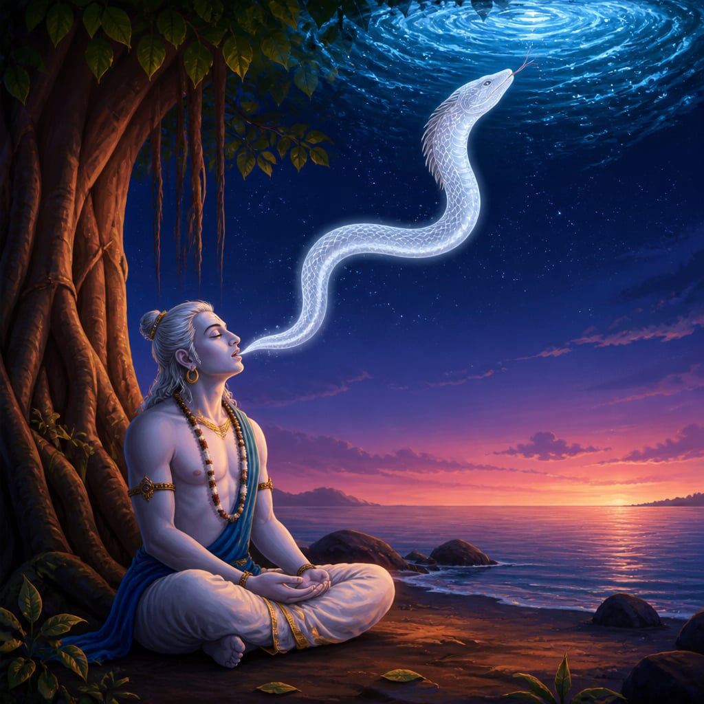 Balarama meditates under a banyan as a luminous white serpent rises from his mouth toward the cosmic ocean.