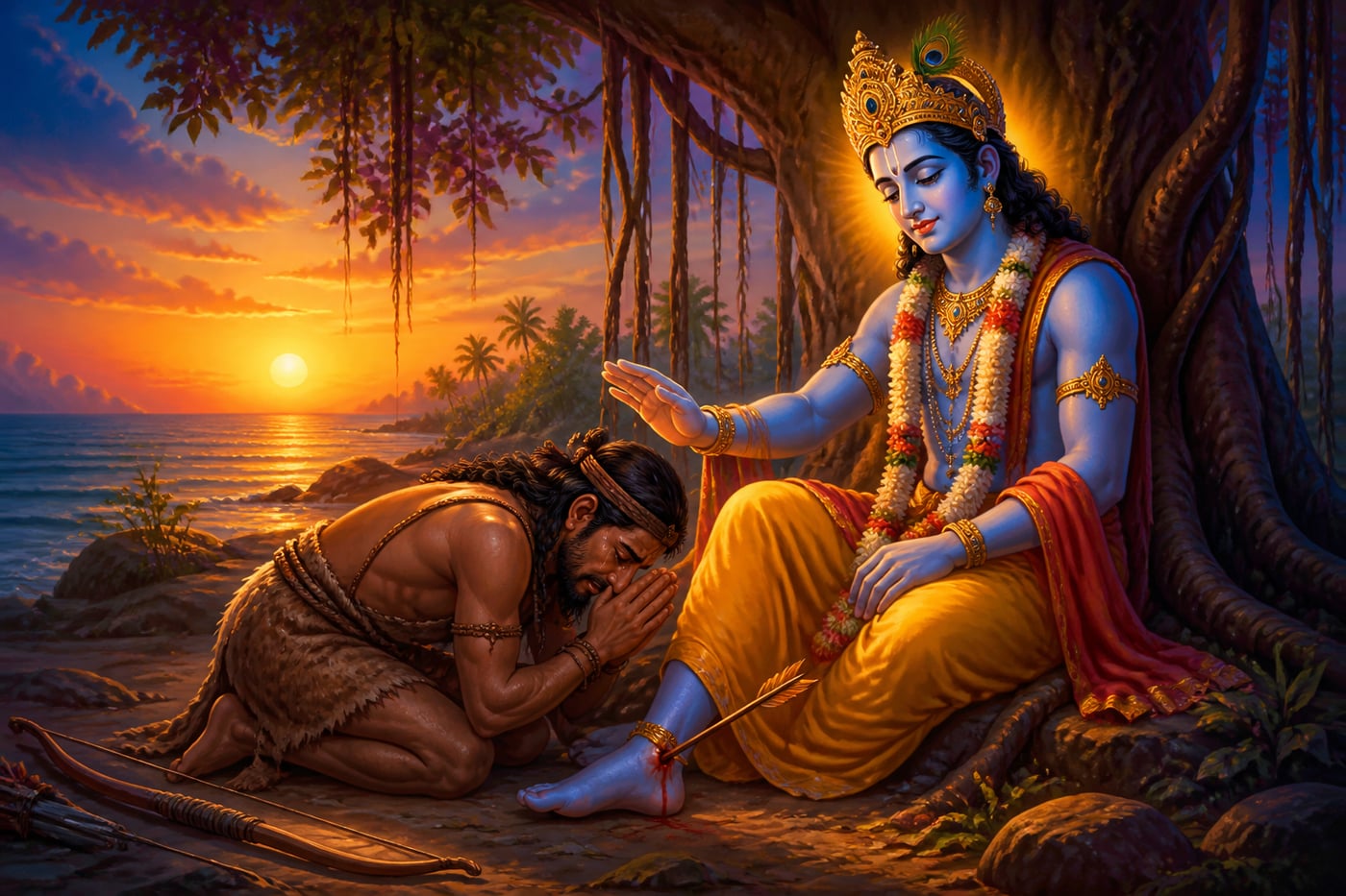 Jara prostrated in horror as Krishna blesses him