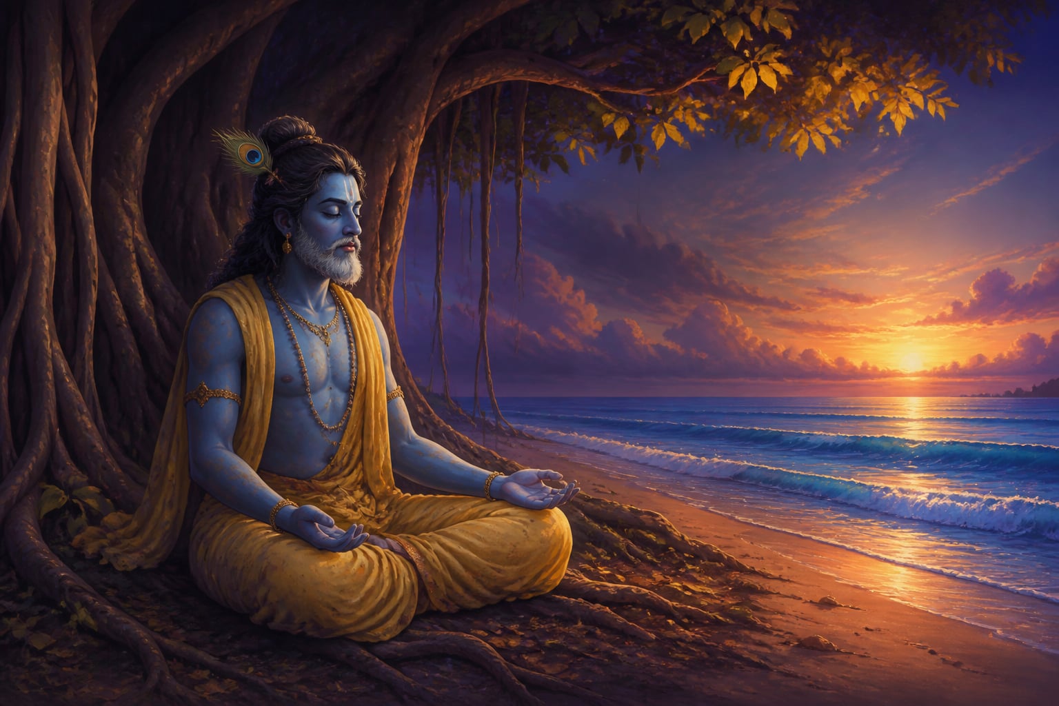 Krishna alone in meditation under the banyan tree at twilight