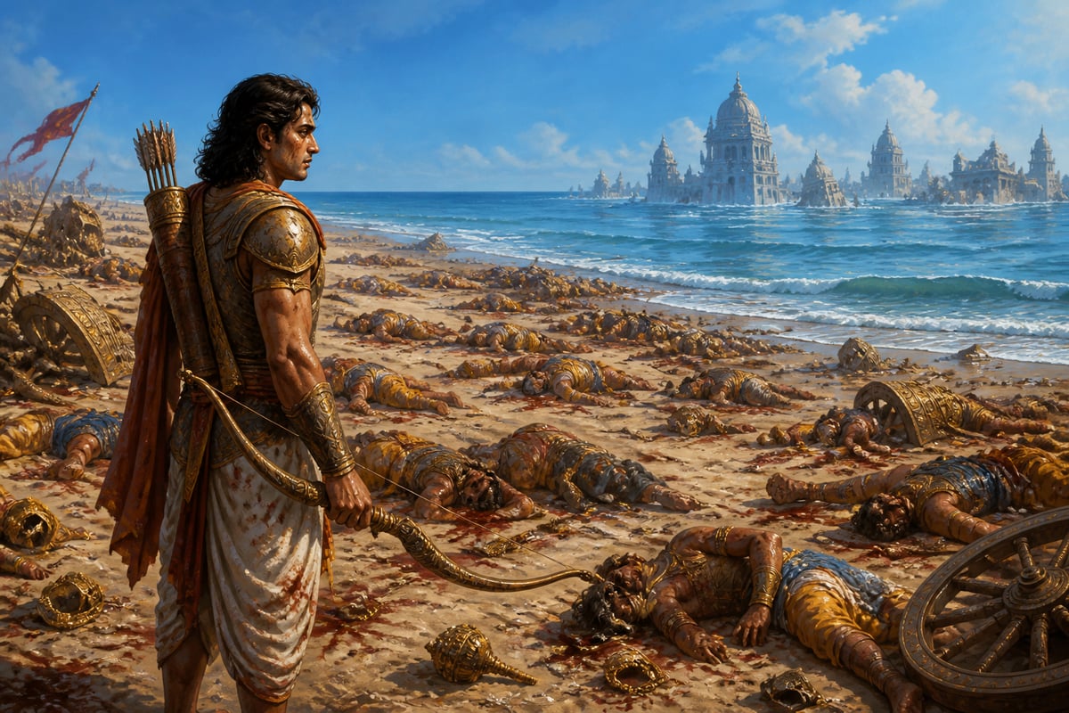 Arjuna alone at Prabhasa among the unburied Yadava dead