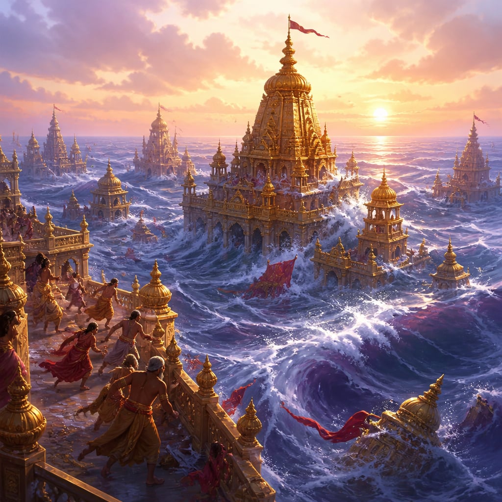 Dwaraka's golden spires sink beneath cresting waves at dawn as the sea swallows the city.