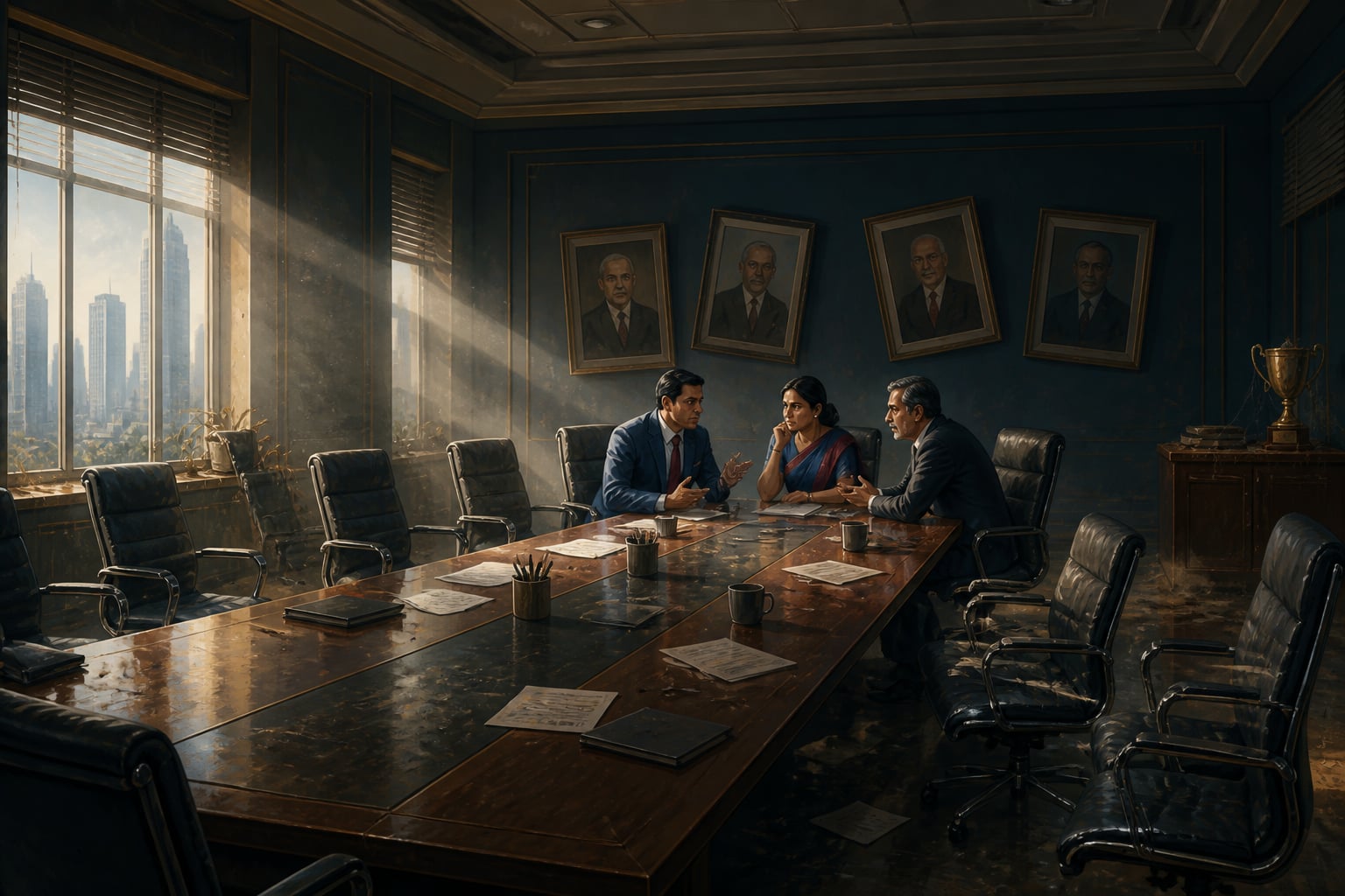An empty boardroom of a once-thriving company in decline