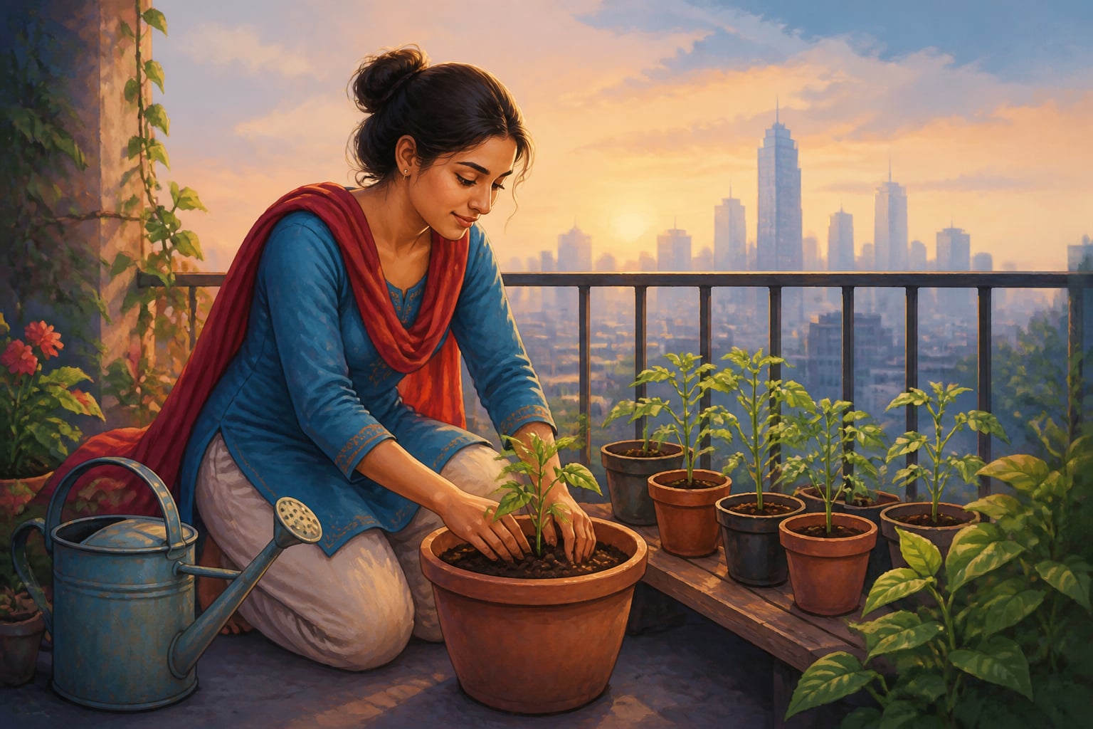 A young woman tending a balcony garden in uncertain times
