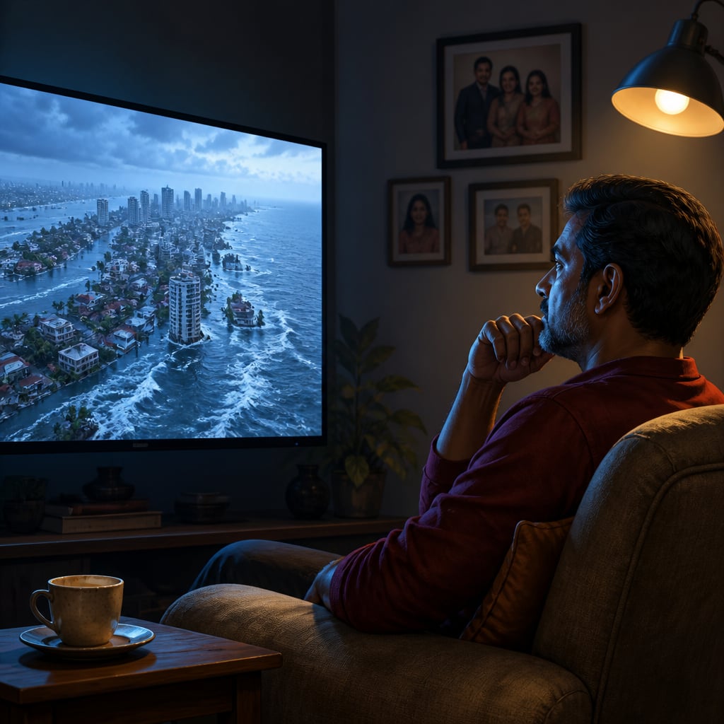 A middle-aged man in his living room watches television footage of a coastal city evacuated by rising waters.
