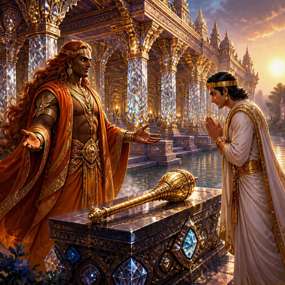 Maya the asura architect presents the newly built jewel-pillared Maya Sabha to Yudhishthira on the Yamuna's bank, the Vaishnava club resting on a stone plinth between them.